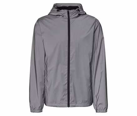 Graue Jacke mit Kapuze und schwarzem Reißverschluss.