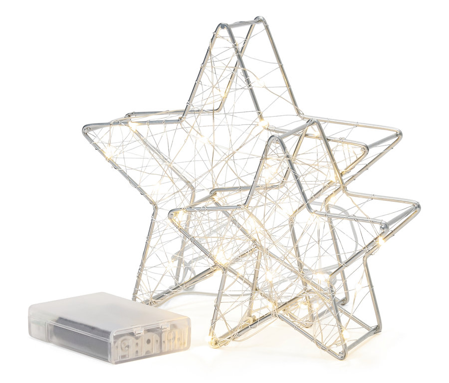 Zwei silberne Drahtsterne mit LED-Lichtern und Batteriekasten auf weißem Hintergrund.