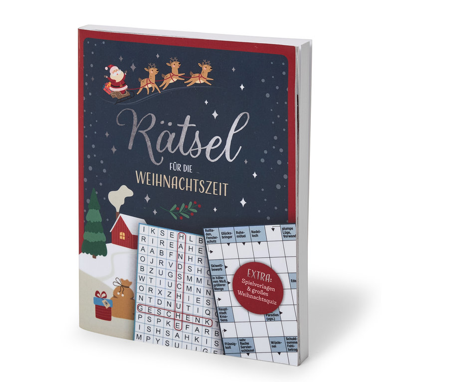 Ein Buch mit Weihnachtsmotiven, auf dem Cover ist der Weihnachtsmann mit Rentieren und ein Kreuzworträtsel.