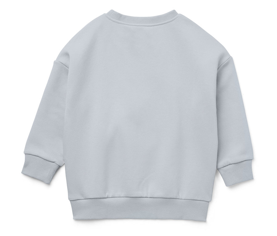 Ein hellblaues Sweatshirt liegt auf einem weißen Hintergrund.