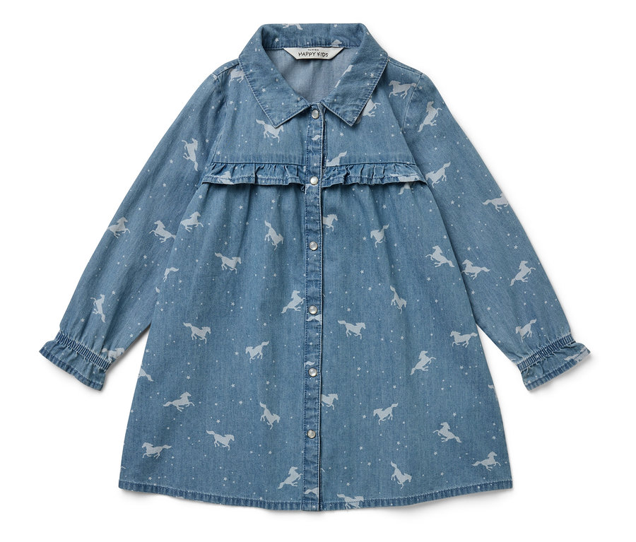Blaues Jeanskleid mit Pferde-Print, langen Ärmeln und Rüschen.