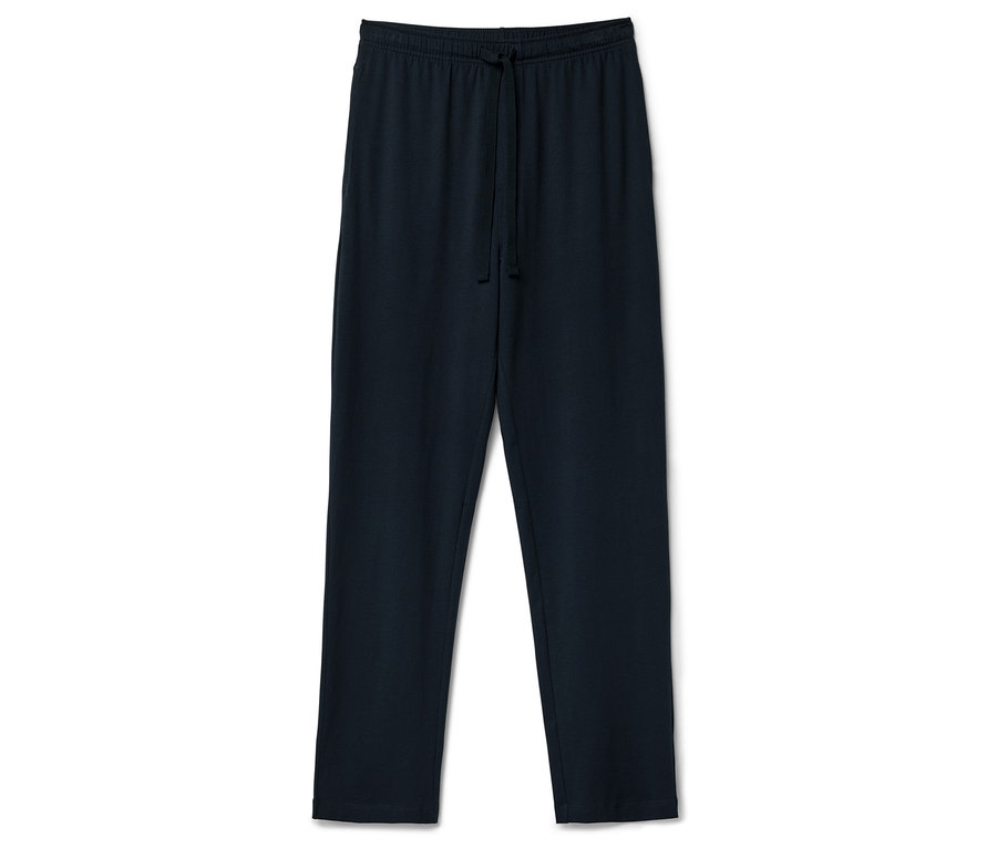 Eine marineblaue Trainingshose mit Kordelzug liegt auf einem weißen Hintergrund.