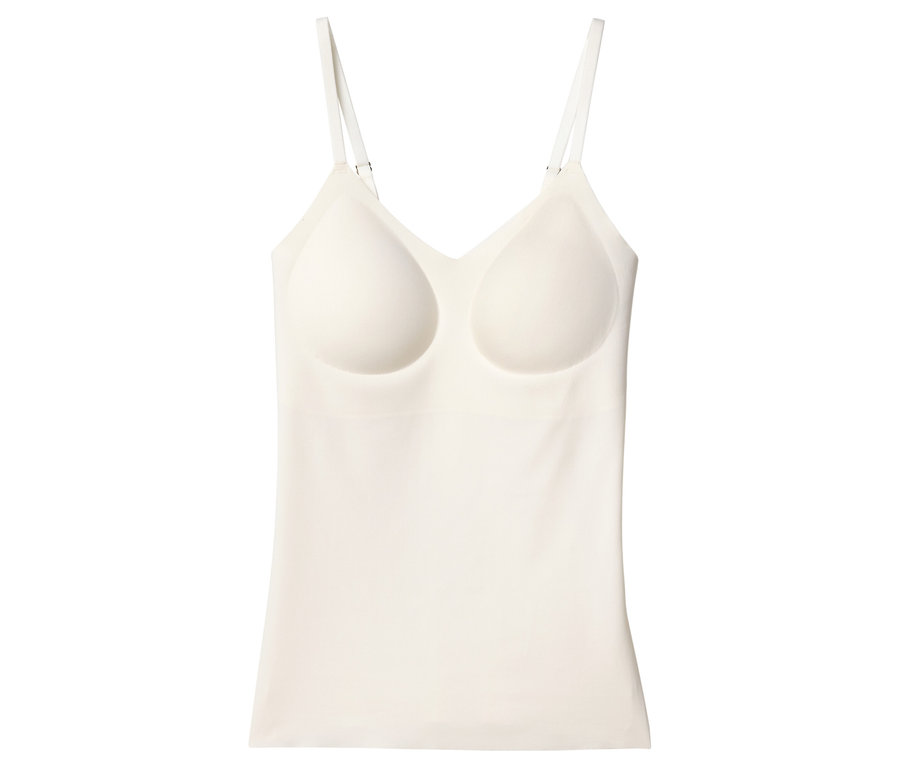 Elfenbeinfarbenes Tanktop mit integriertem BH und Spaghettiträgern.