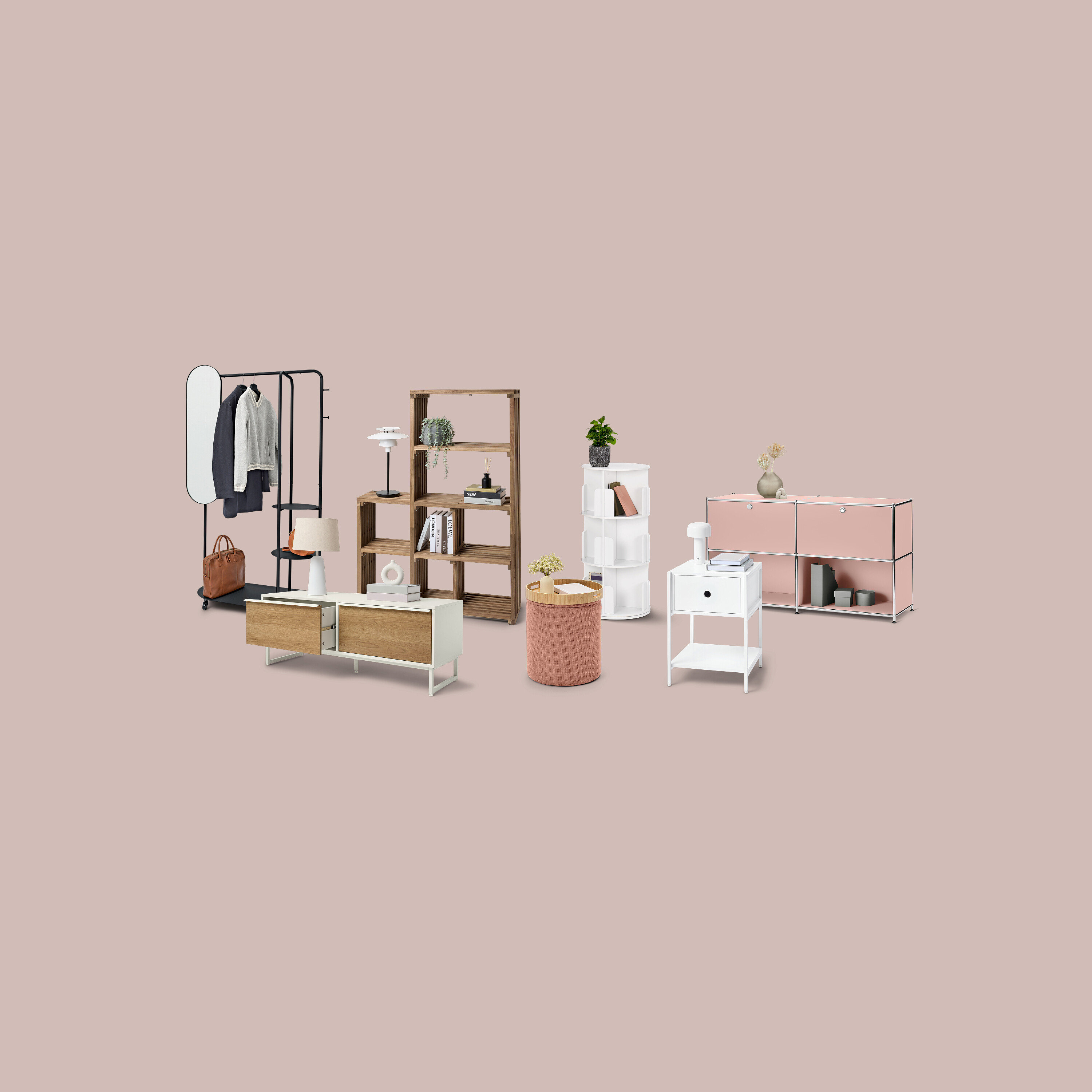 Verschiedene Möbelstücke sind vor einem rosa Hintergrund angeordnet.