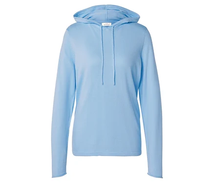 Heller, hellblauer Kapuzenpullover mit Kordelzug.
