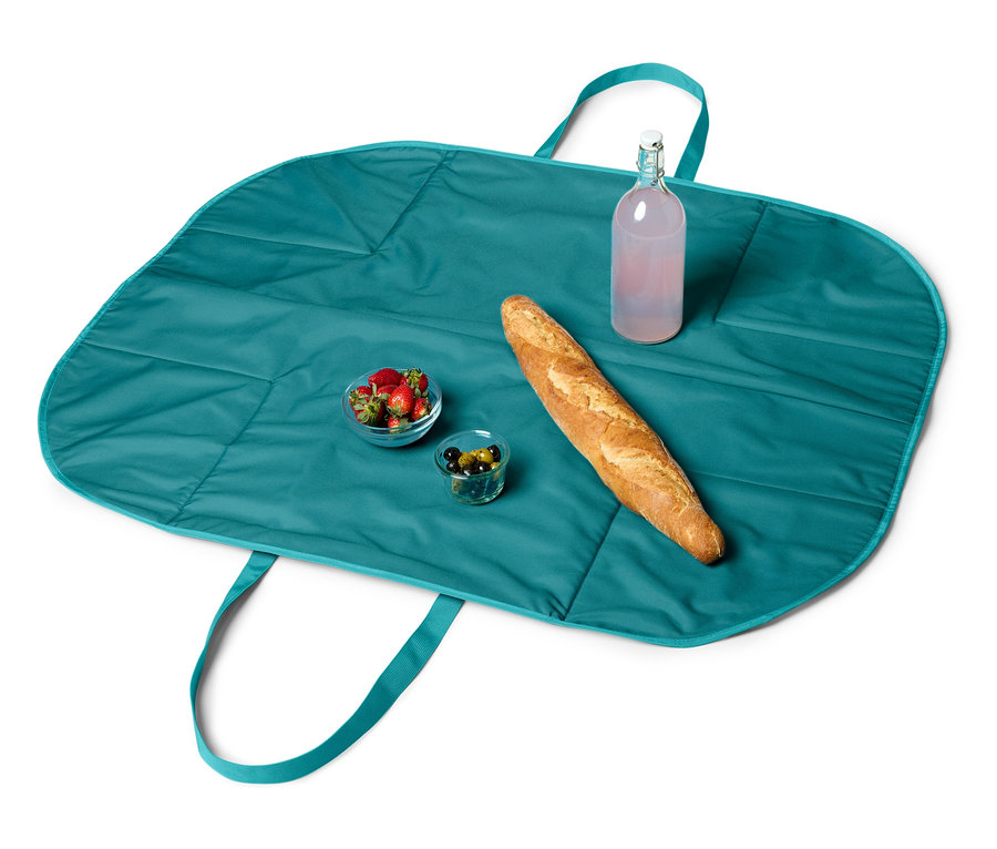 Draufsicht auf eine blaue Picknickdecke mit Erdbeeren, Oliven, Baguette und Getränk.