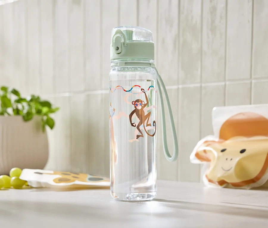 Eine klare Wasserflasche mit Affenaufklebern steht auf einer Küchentheke neben einem Topf mit Grünpflanzen und wiederverwendbaren Snacktüten.