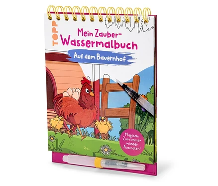 Nahaufnahme eines 'Mein Zauber-Wassermalbuchs' mit einer Henne und Küken auf einem Bauernhof, inklusive Pinsel.