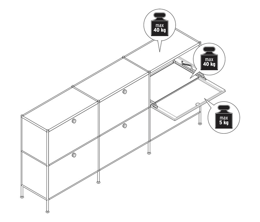 Draufsicht auf ein modulares Regalsystem mit teilweise geöffneten Fächern und Gewichtsangaben.