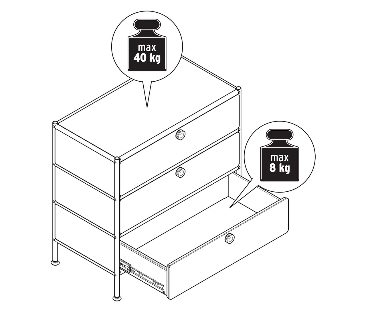 Kommode Metall »CN3« mit drei Schubladen, eine Schublade ist geöffnet, maximale Belastung der Kommode 40 kg, maximale Belastung pro Schublade 8 kg.