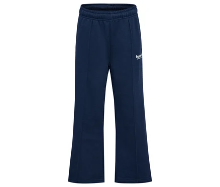 Die marineblaue hummel® HMLJR Loose WL Pintug Sweatpants liegen vor einem weißen Hintergrund.