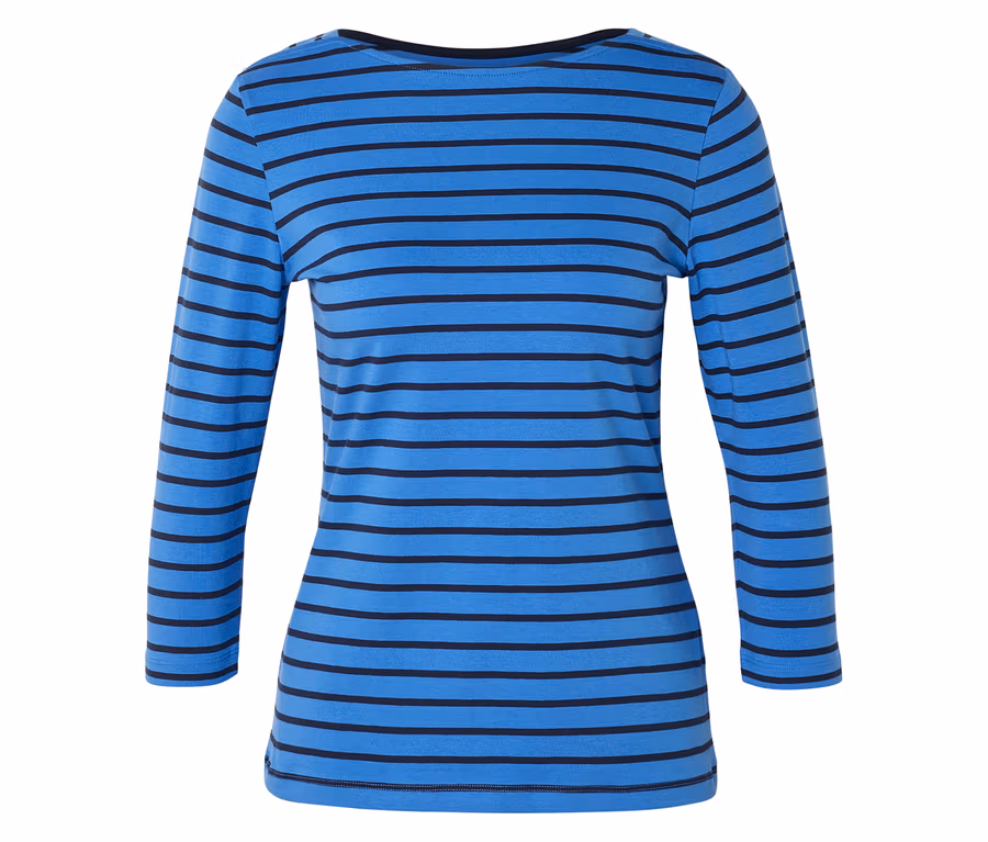 Blaues, tailliertes Langarmshirt mit schwarzen horizontalen Streifen vor weißem Hintergrund.