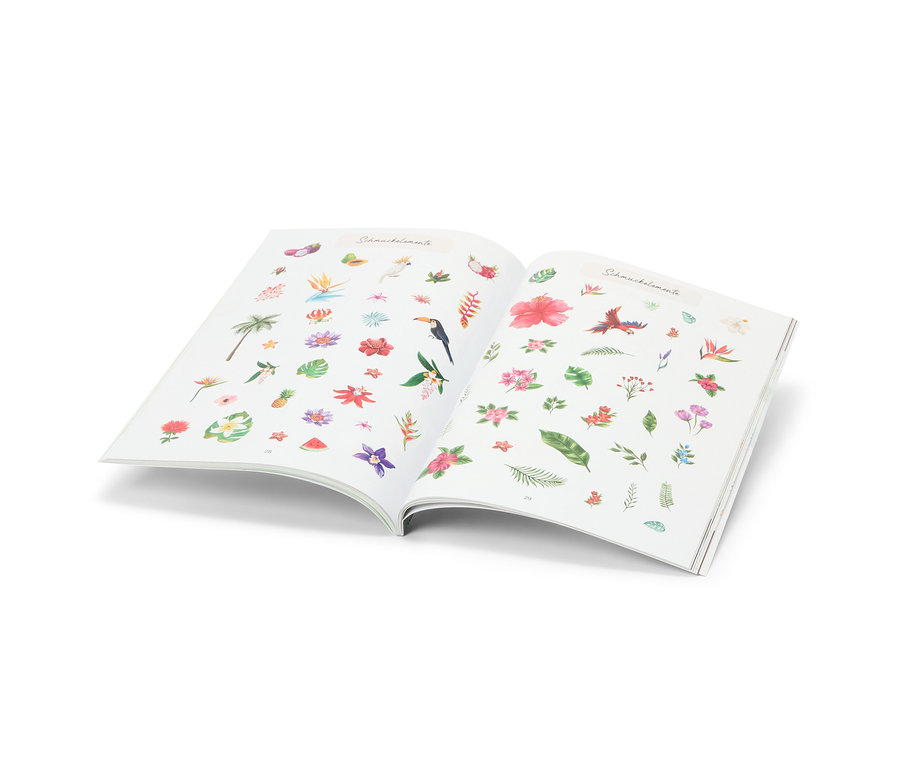 Offenes Buch »Stickerträume« mit tropischen Aufklebern.