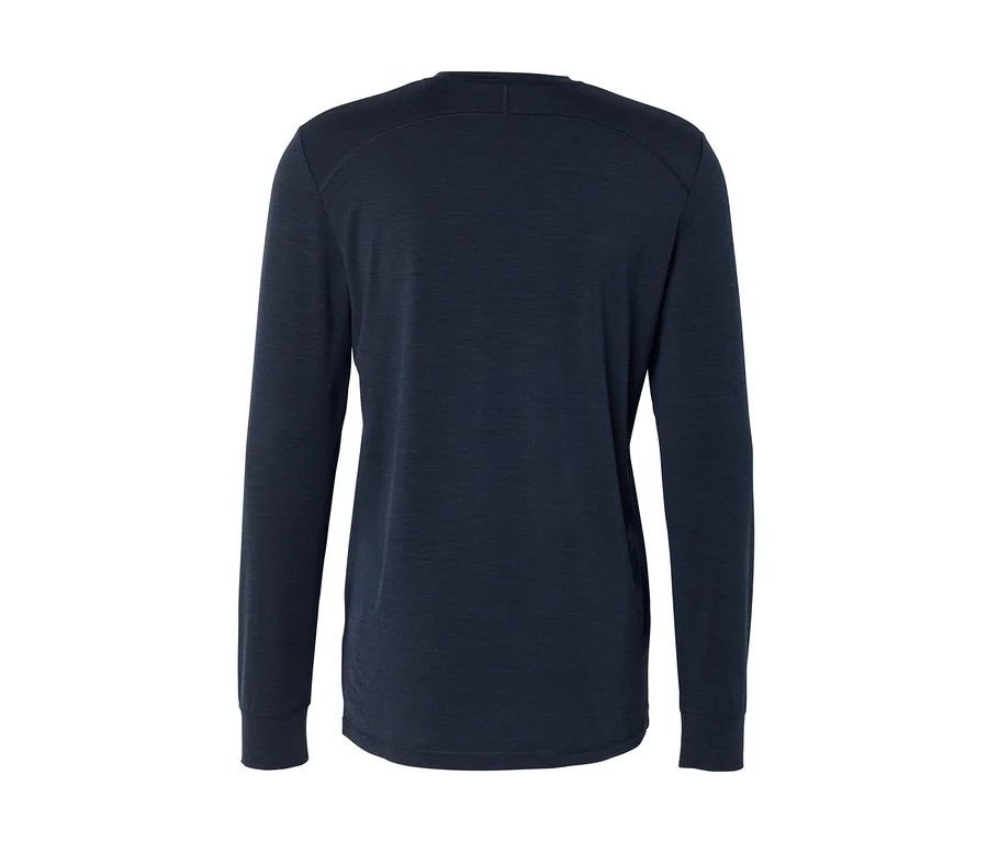 Dunkelblaues Langarmshirt, von hinten gezeigt, mit sichtbaren Nähten an den Schultern.