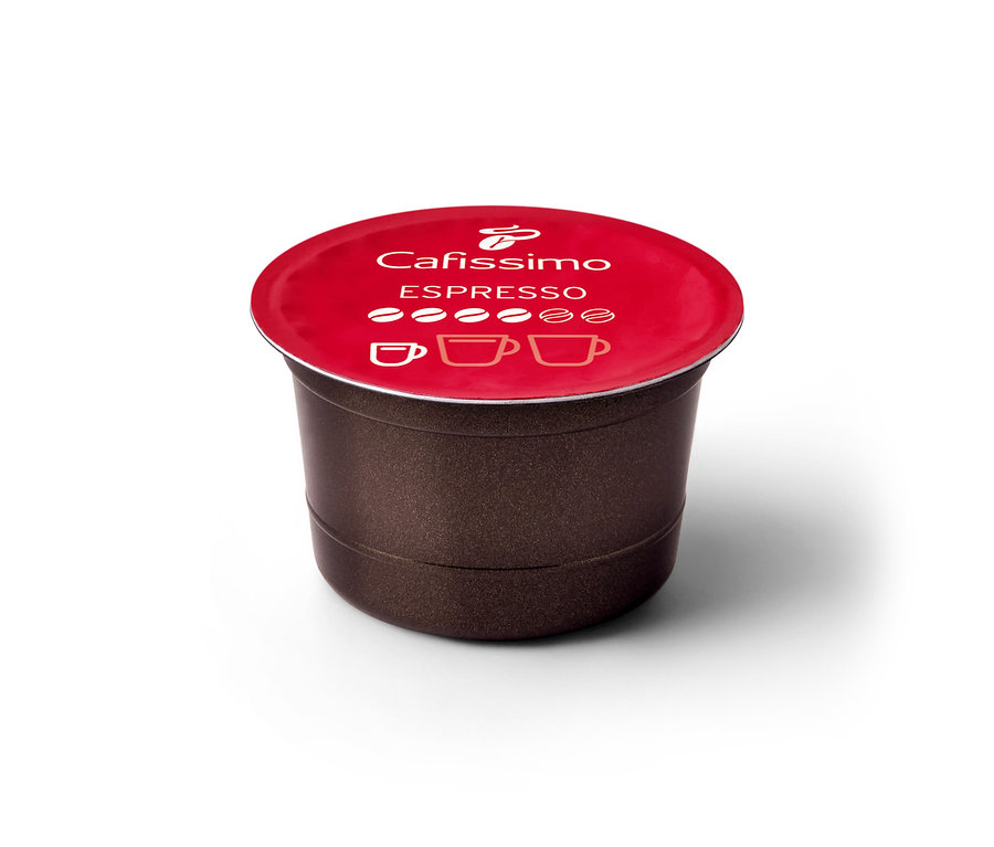 Eine einzelne Kapsel Cafissimo Espresso elegant mit rotem Deckel.