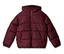 Dunkelrote Steppjacke mit Kapuze, durchgehendem Reißverschluss und zwei Vordertaschen.