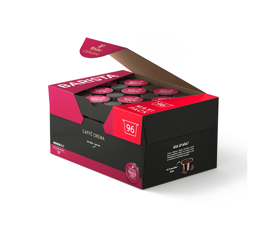 Offene schwarze und magentafarbene Box mit 96 Cafissimo BARISTA Caffè Crema Colombia Kapseln.