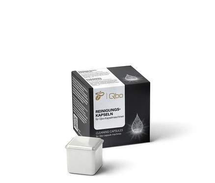Eine quadratische Packung Qbo Reinigungskapseln mit einer einzelnen Reinigungskapsel unten links.