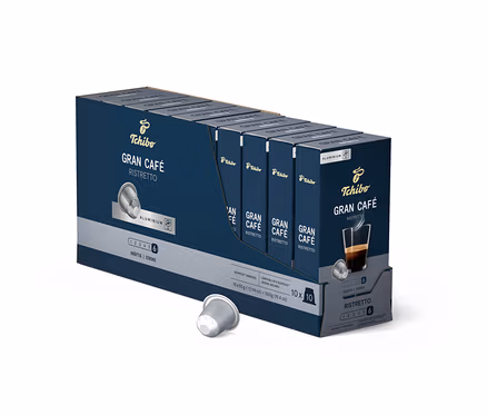 Eine Packung Gran Café Ristretto - 100 Kapseln von Tchibo. Auf der Packung ist eine Tasse Kaffee abgebildet.