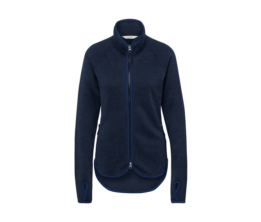 Dunkelblaue Fleecejacke mit langen Ärmeln und Reißverschluss in der Mitte.