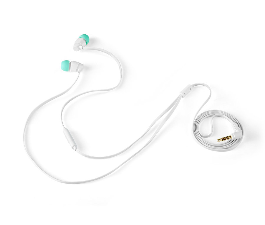 Weiße In-Ear-Kopfhörer mit türkisfarbenen Ohrstöpseln auf weißem Hintergrund.