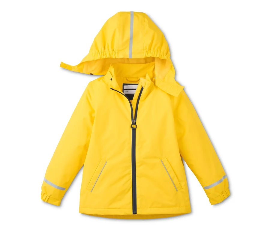 Gelbe Thermo-Regenjacke aus recyceltem Material mit Kapuze.