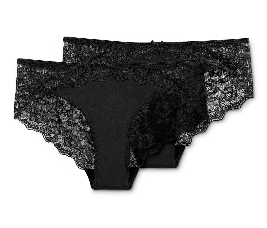 Zwei schwarze Brazilslips mit Spitze.