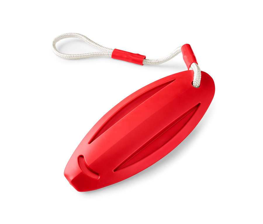 Rotes Hunde-Wasserspielzeug mit einer weißen Schnur.