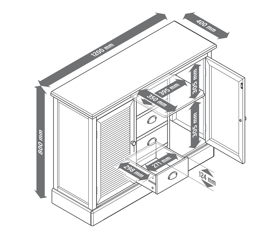 Maße des Sideboards in Lamellenoptik.