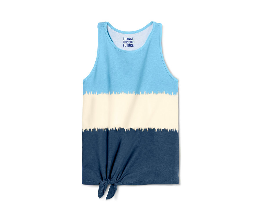 Gestreiftes Tanktop mit Knoten. Der obere Teil ist hellblau, gefolgt von einem weißen Streifen und der untere Teil ist dunkelblau.