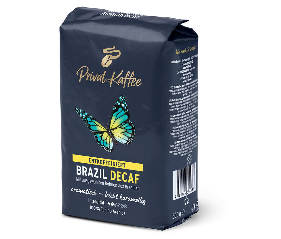 Eine Packung Privat Kaffee Brazil Decaf - 500 g Ganze Bohne.