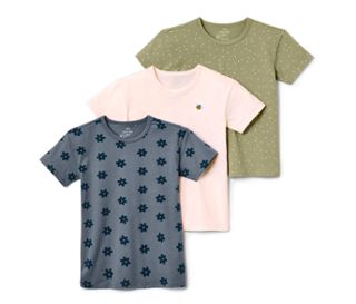 1x dunkelblau mit Blumen-Alloverprint, 1x rosa mit Bienen-Stickerei, 1x olivgrün mit weissem Pünktchen-Alloverprint
