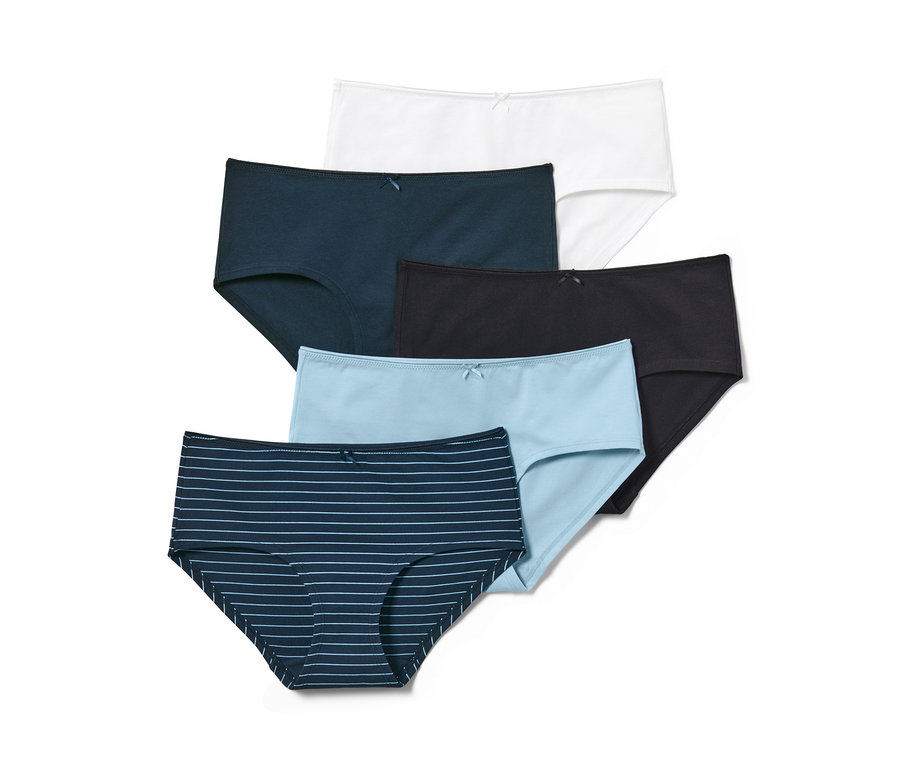 Fünf Pantys in verschiedenen Farben: Weiß, Dunkelblau, Schwarz, Hellblau und Blau gestreift.