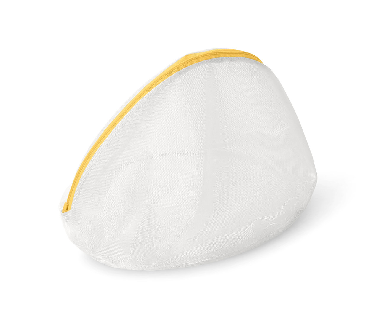 Ein weißes Wäschenetz mit gelbem Reißverschluss.