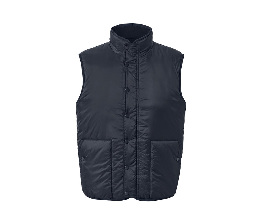 Eine marineblaue Wendeweste mit Knöpfen und Taschen.