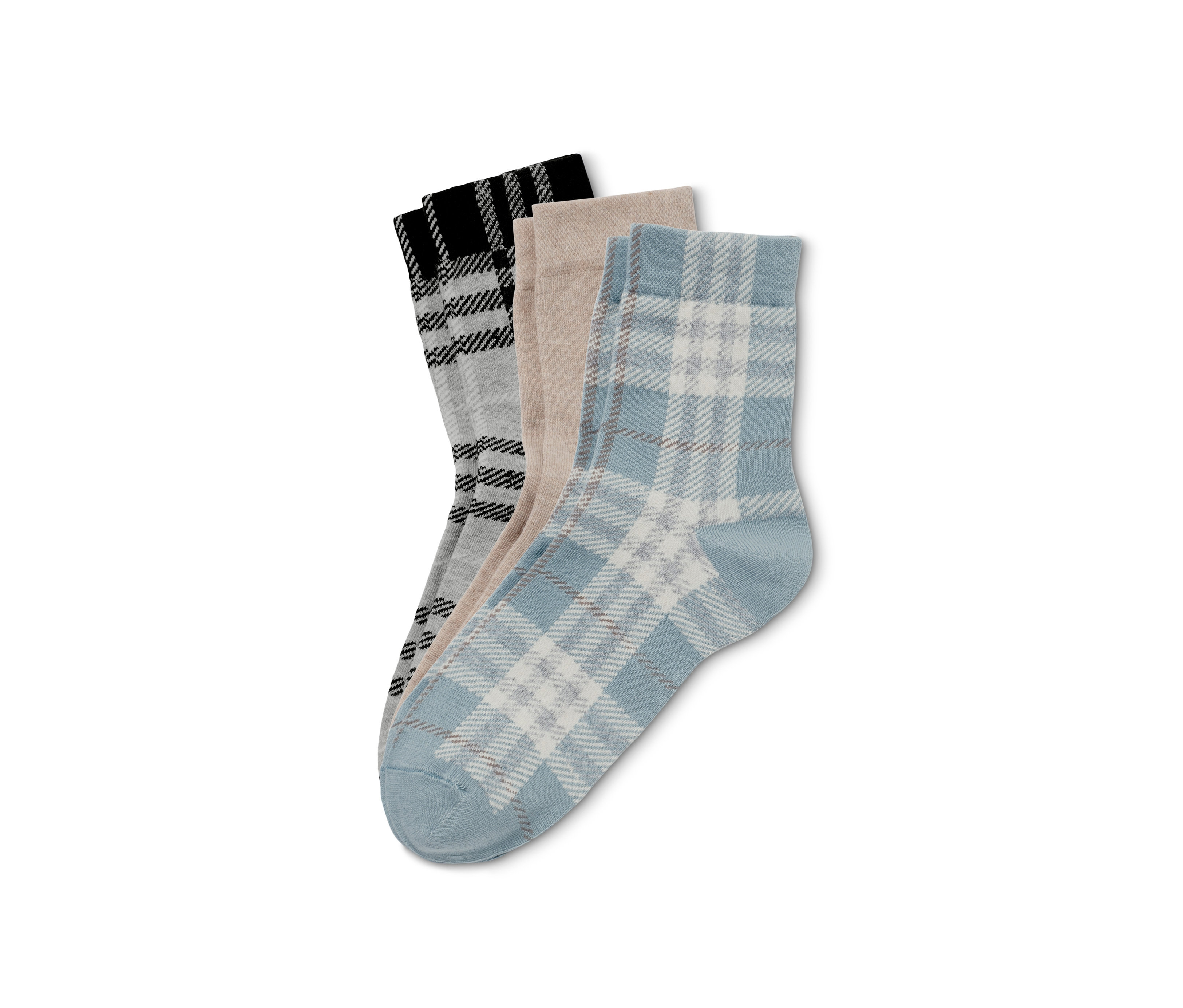 Drei Paar Socken in Schwarz, Beige und blau kariert.