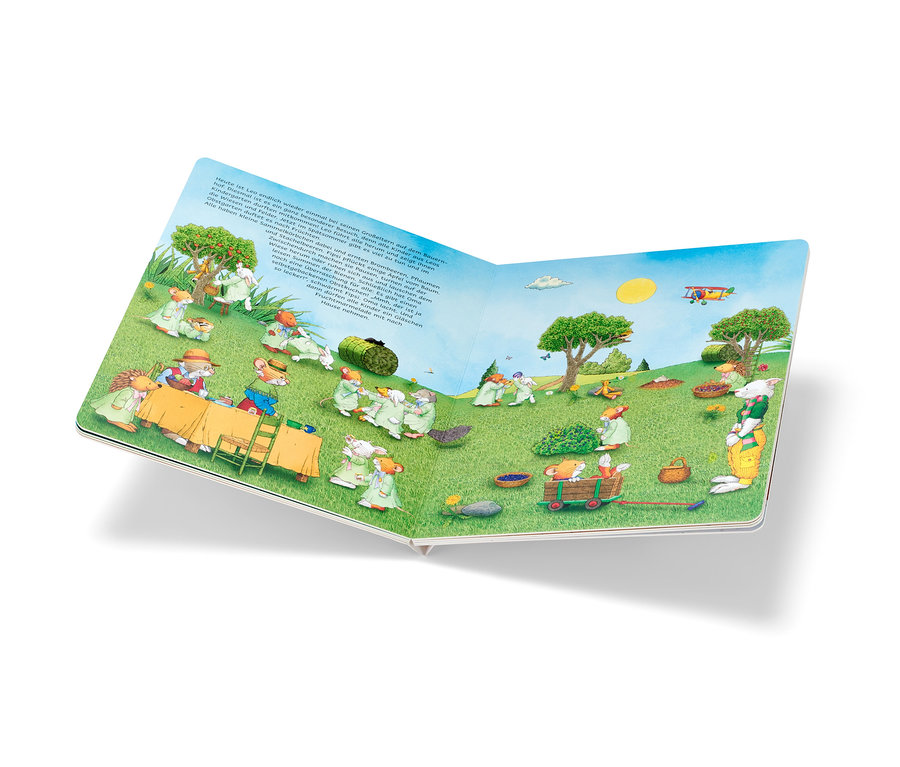 Geöffnetes Buch zeigt eine Illustration mit Mausfiguren in einer Landschaft. Wimmelbuch: Durch das Jahr mit Leo Lausemaus.