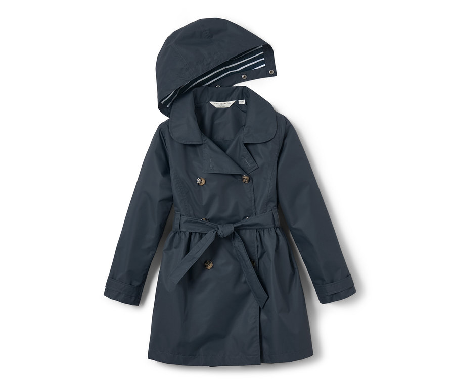 Marineblauer Kinder-Allwetter-Trenchcoat mit Kapuze und Gürtel.