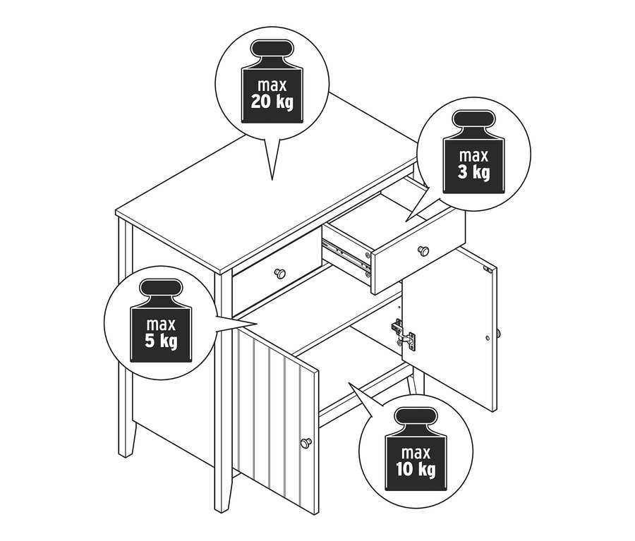 Skizze eines Sideboards mit offenen Türen und Schublade.