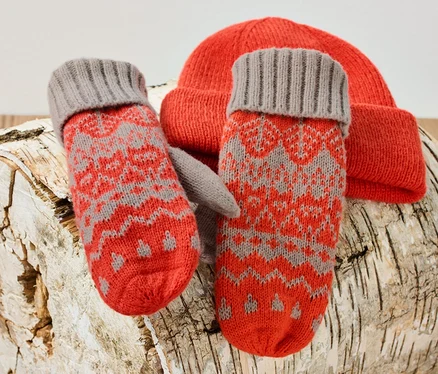 Strick-Fäustlinge und eine orangefarbene Strickmütze liegen auf einem Birkenholzscheit.