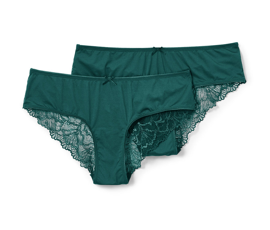 Zwei dunkelgrüne Brazilslips, 2 Stück, liegen auf einem weißen Hintergrund.