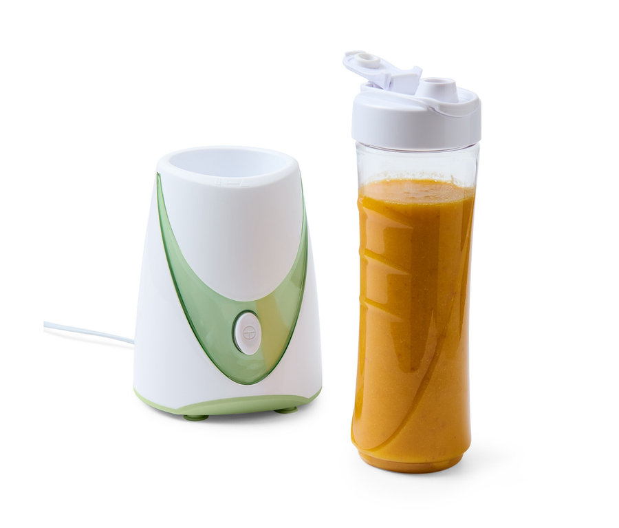 Smoothie-Maker, 250 W, mit Behälter gefüllt mit orangem Smoothie.