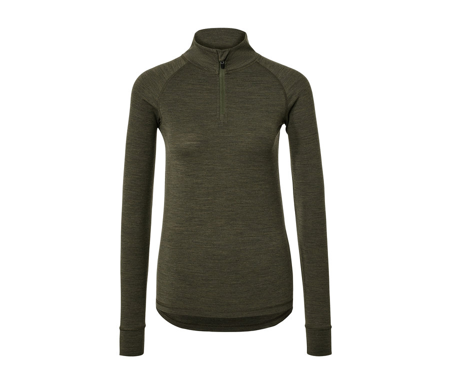 Khakifarbenes Funktionsshirt mit RWS-zertifizierter Wolle und Reißverschluss am Kragen.