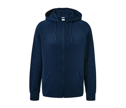 Dunkelblaue Funktions-Sweatjacke mit Kapuze und Reißverschluss vorne.