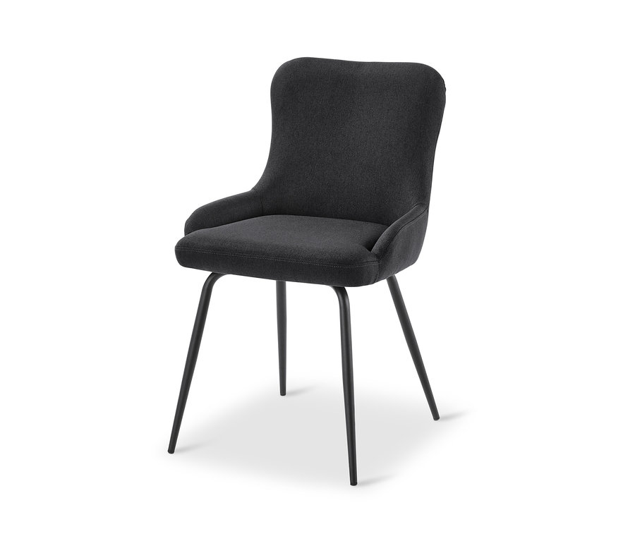 Gepolsterter anthrazitfarbener Stuhl auf vier Beinen.