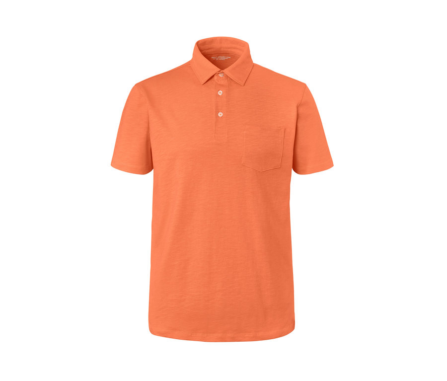 Orangefarbenes Jersey-Poloshirt.