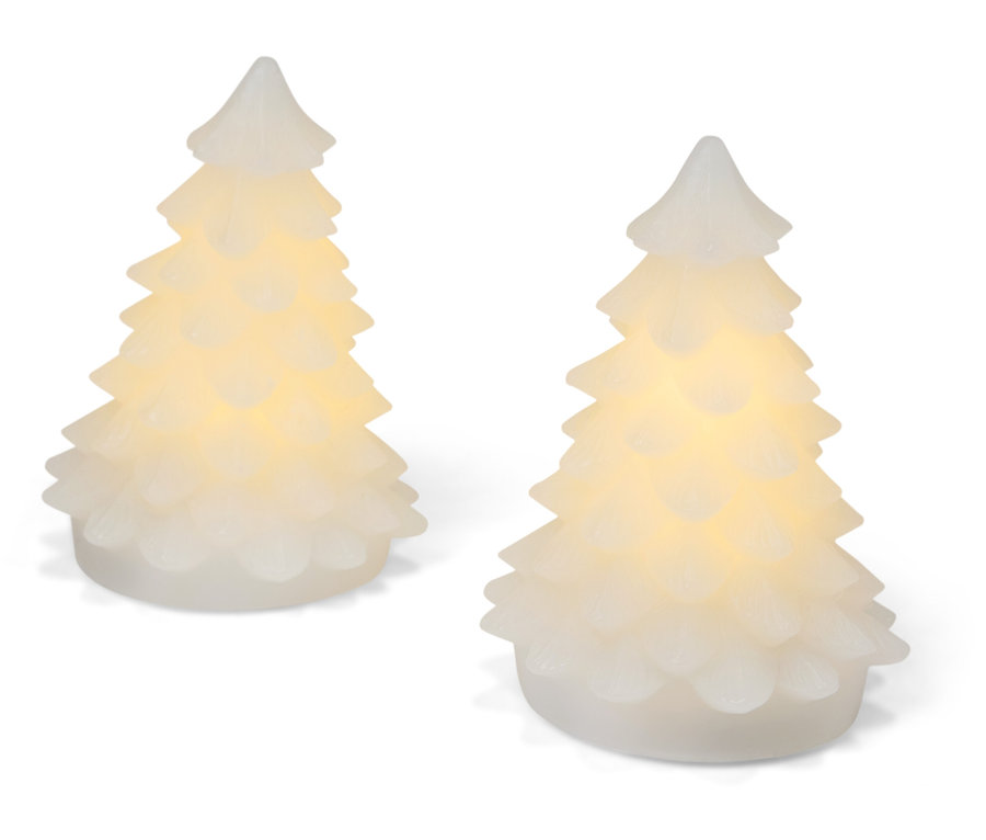 Zwei weiße dekorative Weihnachtsbäume stehen nebeneinander.
