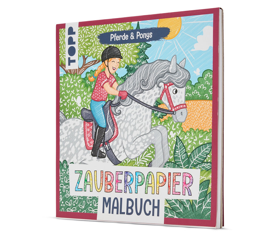 Illustration eines Mädchens auf einem Pferd auf dem Cover des Buchs Zauberpapier Malbuch Pferde & Ponys.
