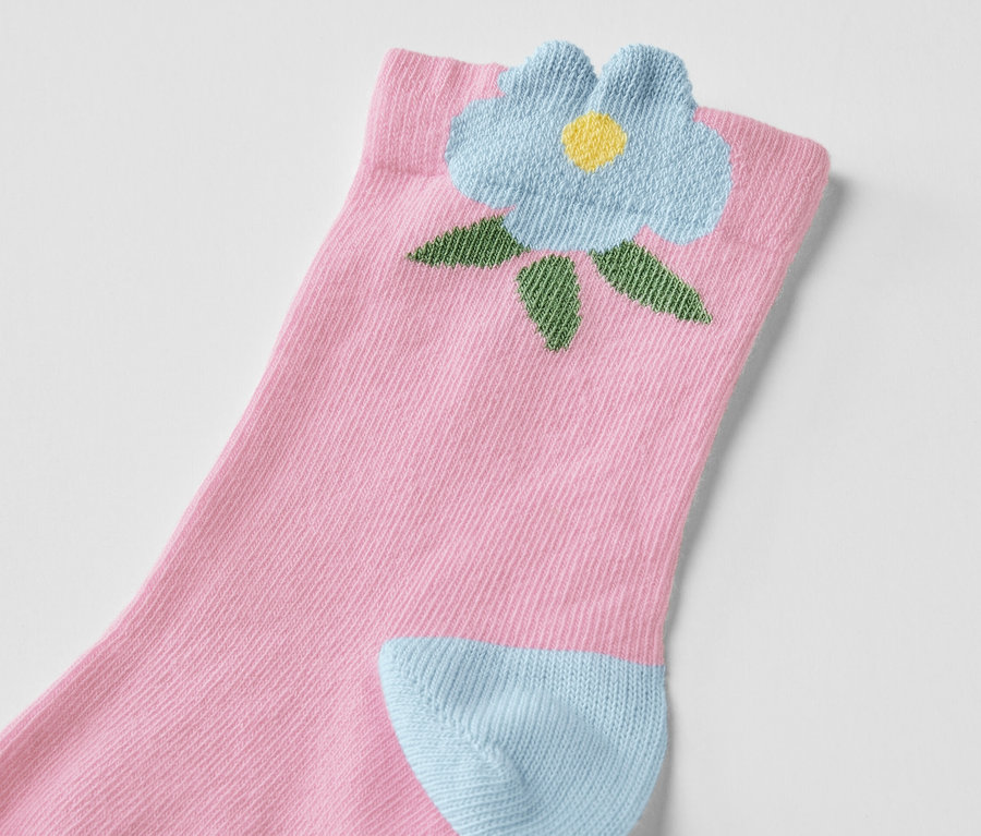Rosa Kinder-Socke mit blauer Blume, 5 Paar Kinder-Socken, floral