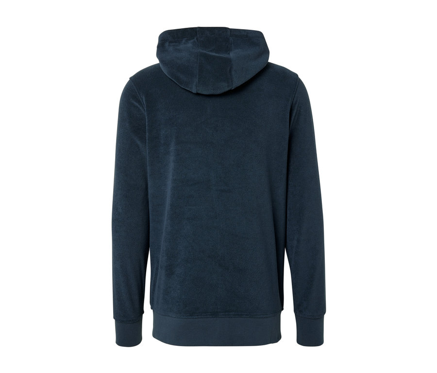 Rückansicht einer Frottee-Kapuzenjacke.